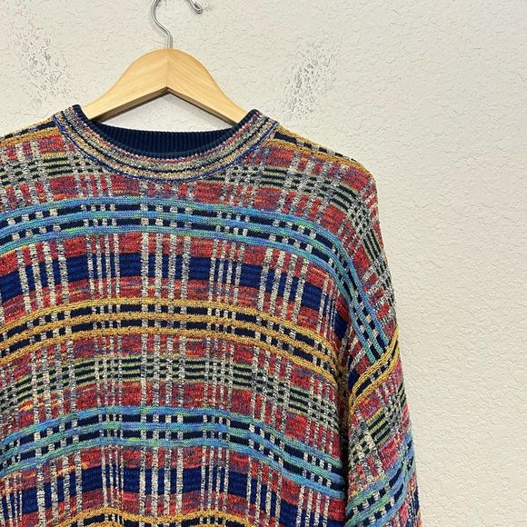 VINTAGE FIUME Long Slevee Multicolor Plaid Knit Pullover Sweater - Picture 2 of 10